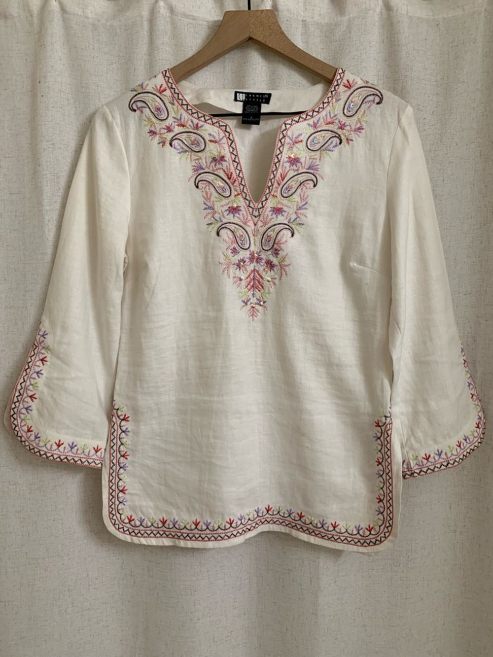 Carole Little 100% Linen Embroidered VNeck Tunic Peasant Blouse Multi Embroidery